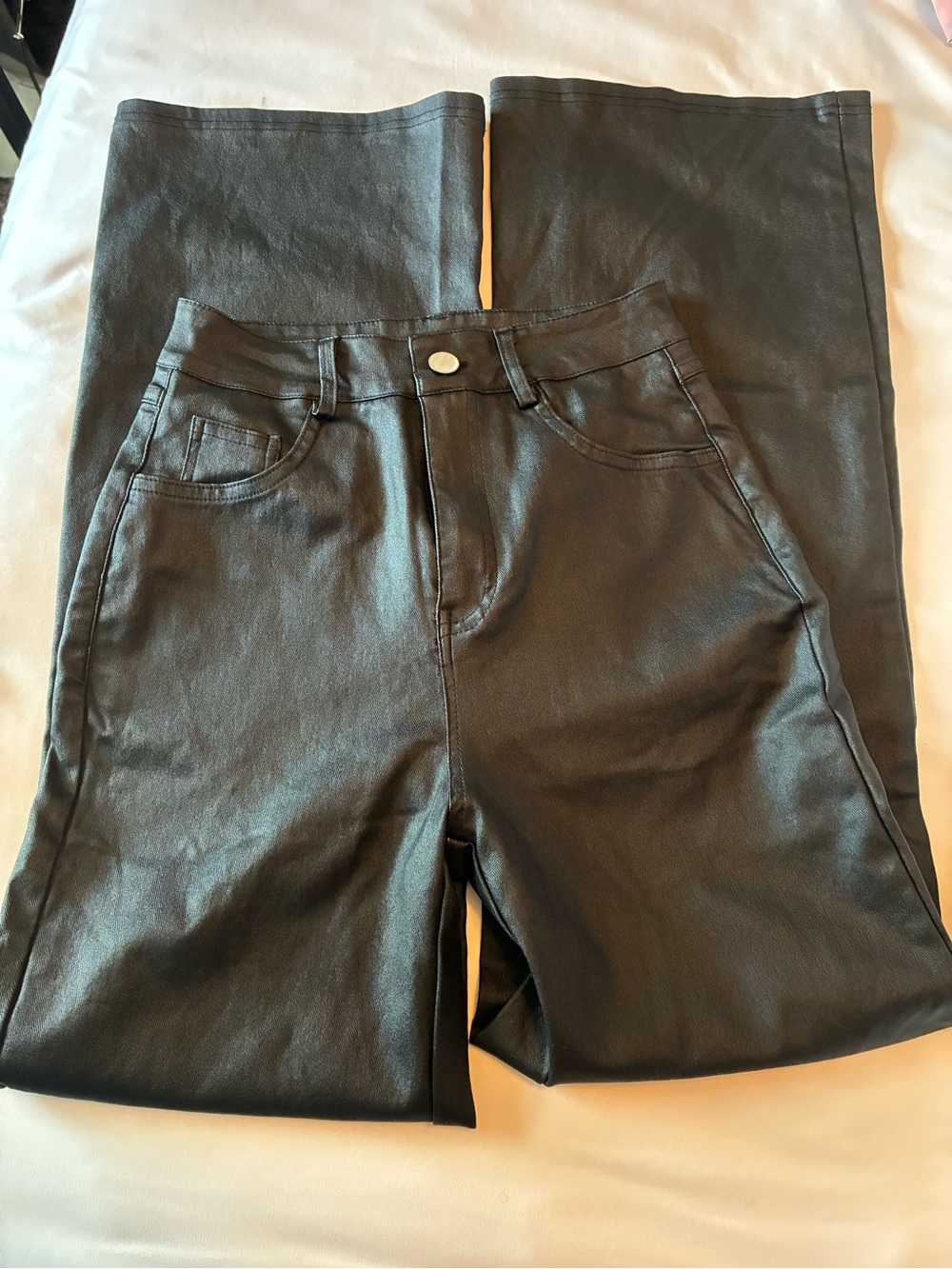 SHEIN Black Faux Leather Wide-Leg Jeans